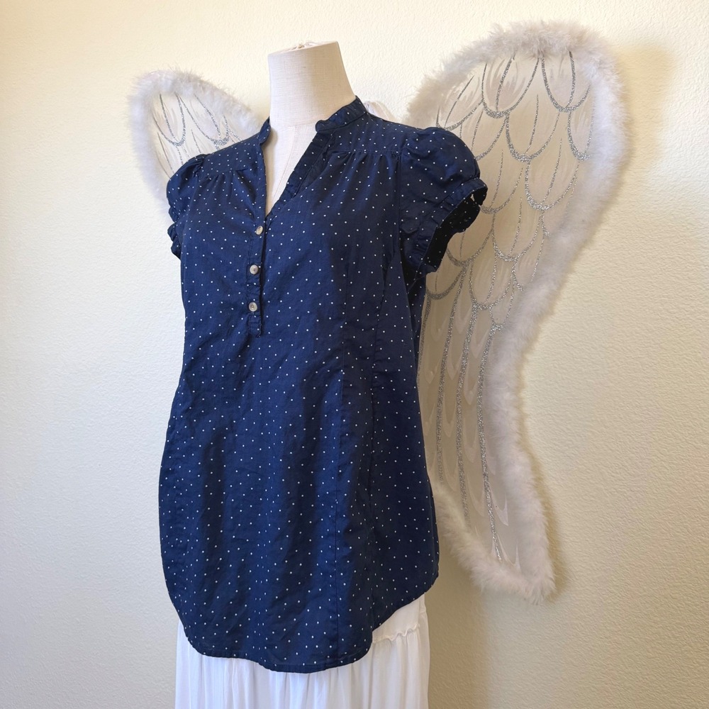Girly Grunge Whimsy Twee Polka Dot Henley Babydoll Blouse Navy Cap Sleeve